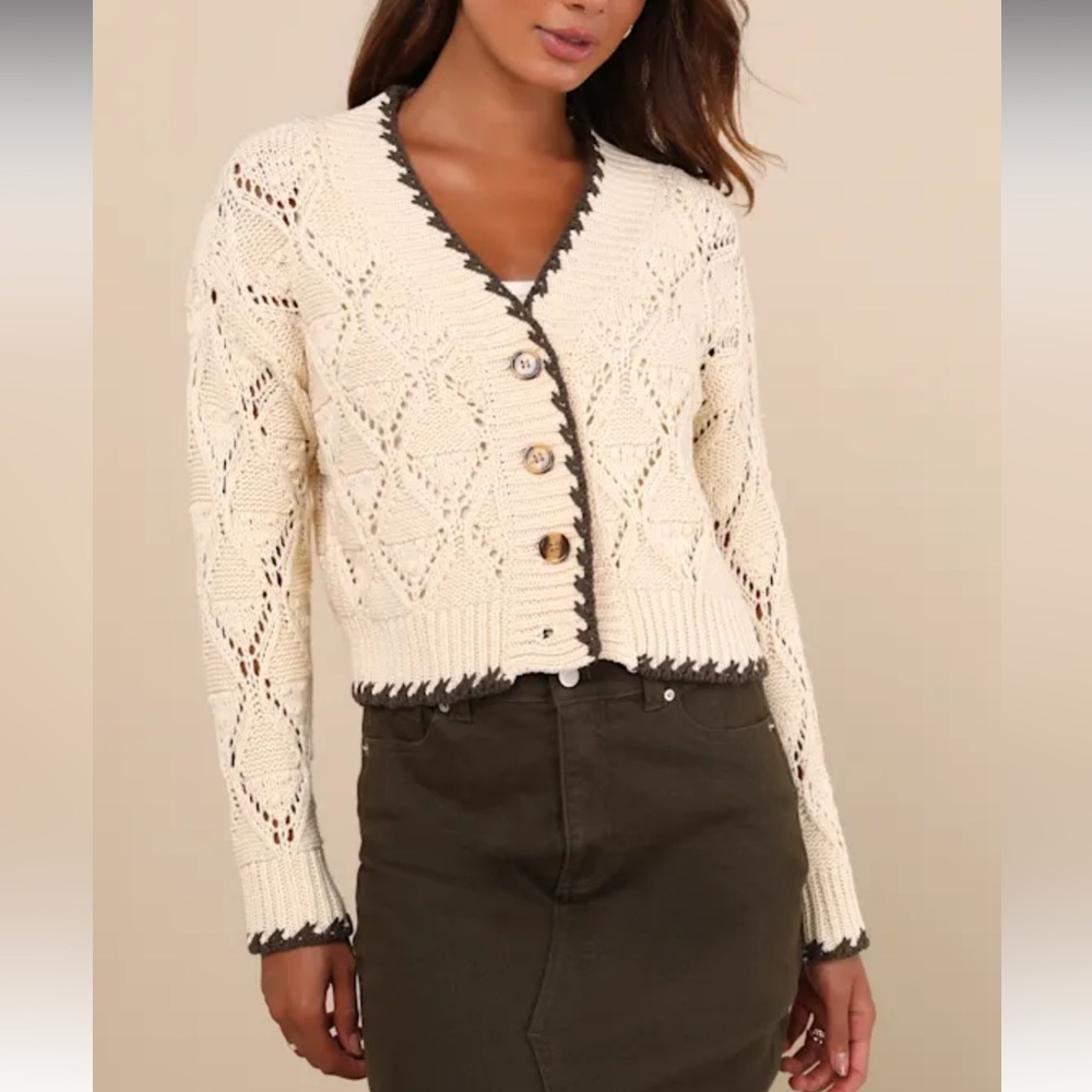 Lulus Weather Cream Loose Knit Cardigan Sweater – Size L